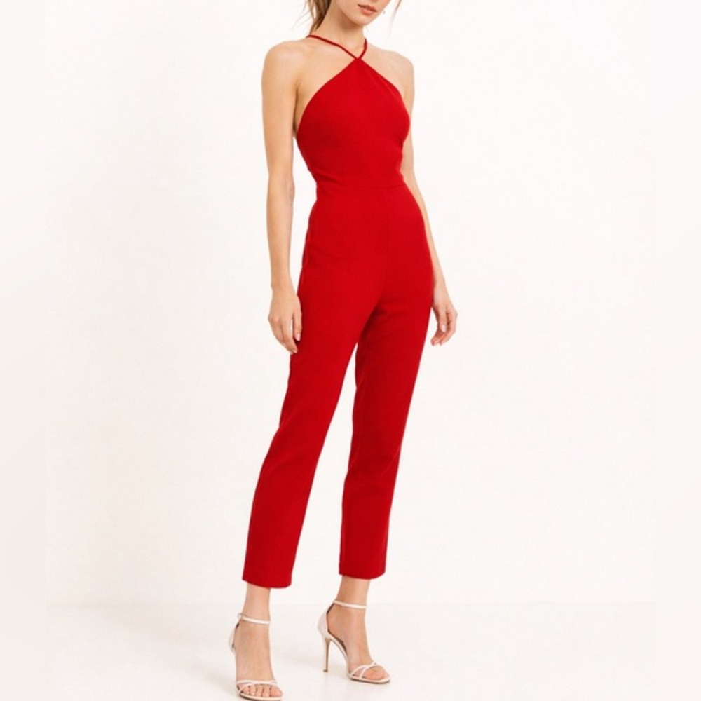 NBD Elm Jumpsuit Women’s XS Red Halter Open Back Party Evening Glam‎ Revolve